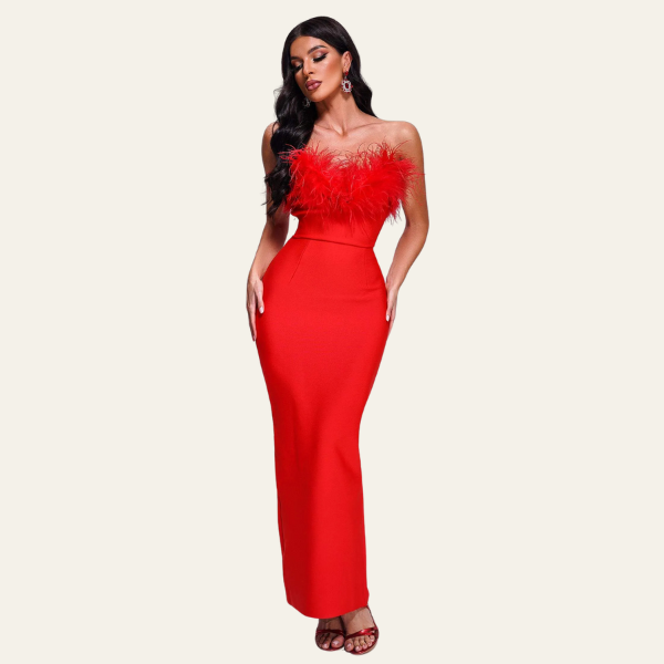 The St. Moritz Feathered Evening Maxi Dress