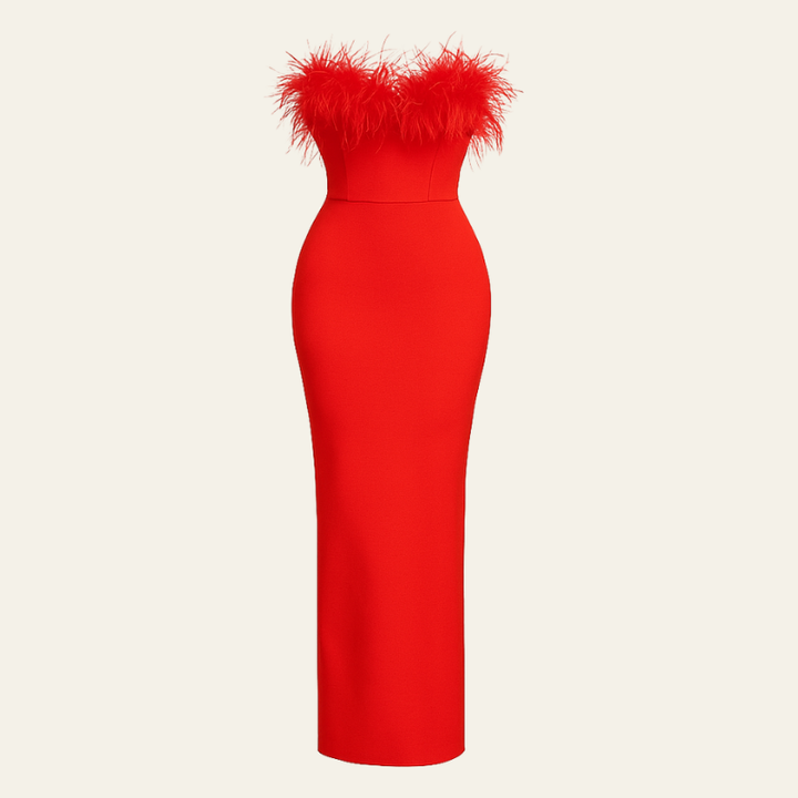 The St. Moritz Feathered Evening Maxi Dress